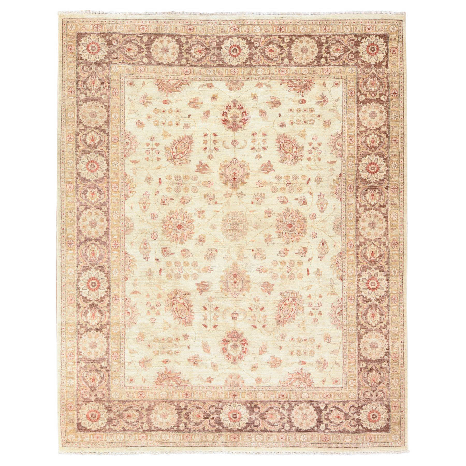 8'x10' Beige with Chocolate Brown Border, Peshawar with Ziegler Mahal Design, Natural Wool, Hand Knotted, Denser Weave, Oriental Rug 